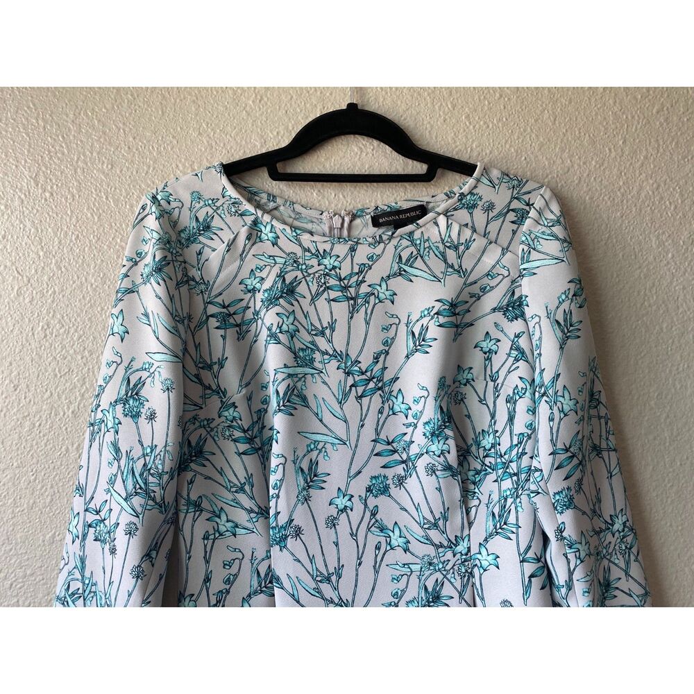 Banana Republic Floral Long Sleeve Drop Waist Dress Gray Turquoise - Picture 4 of 9